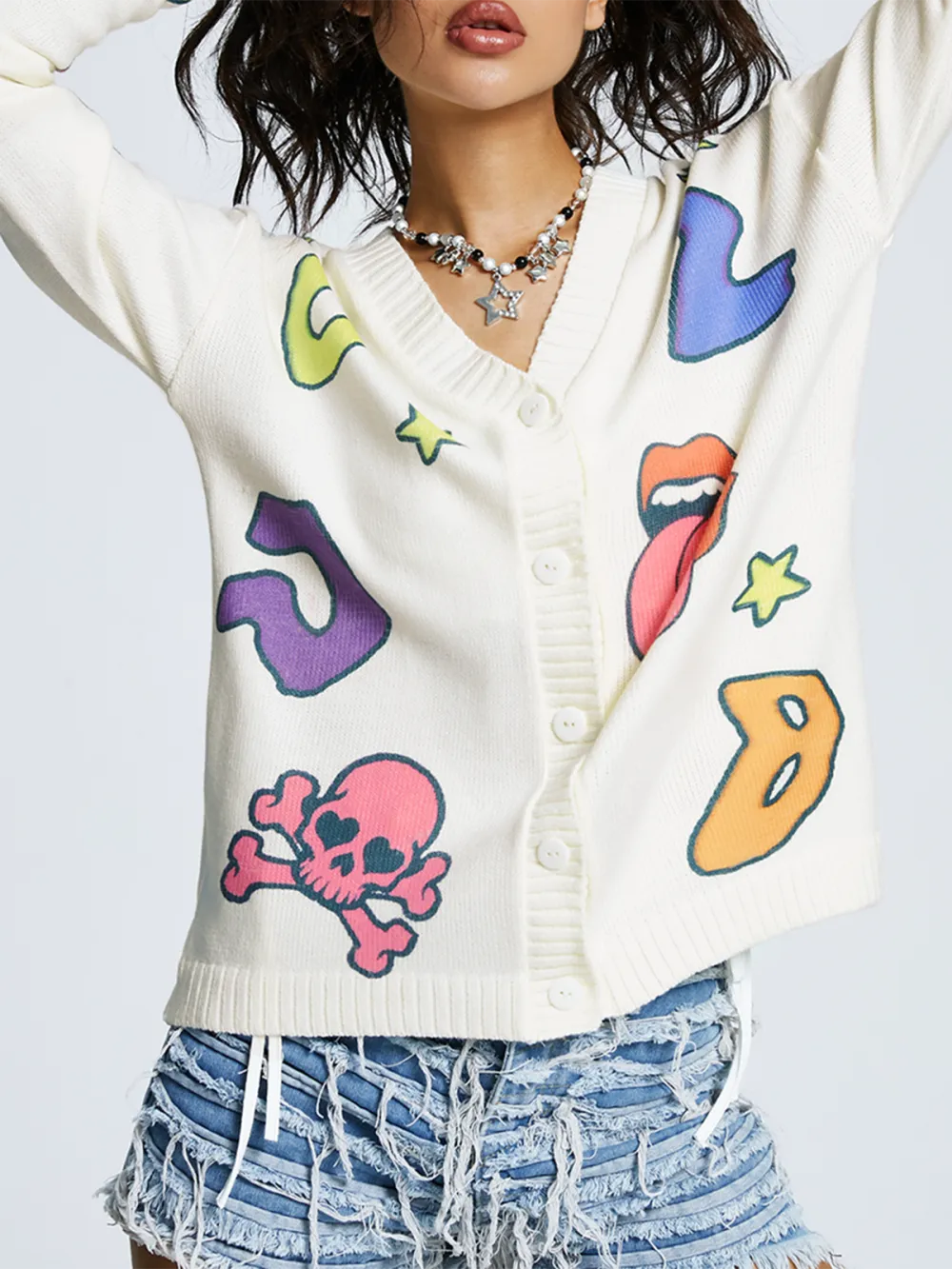 Knitted Crew Neck Star Pattern Long Sleeve Cardigan