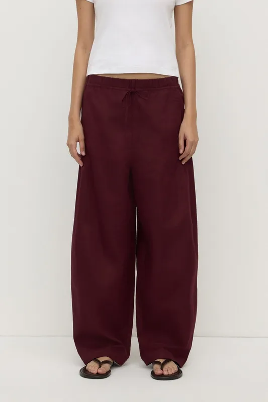 Merlot Cotton Linen Barrel-Leg Pant