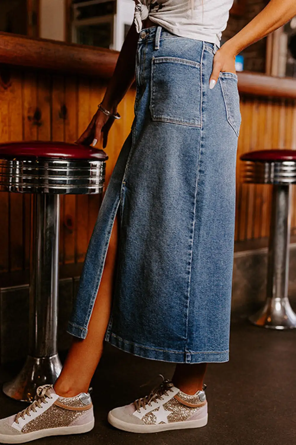 Midi Denim Side Slit Skirt