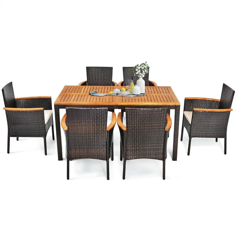 7 Piece Rattan Patio Dining Set with Acacia Wood Table & Stackable Wicker Chairs