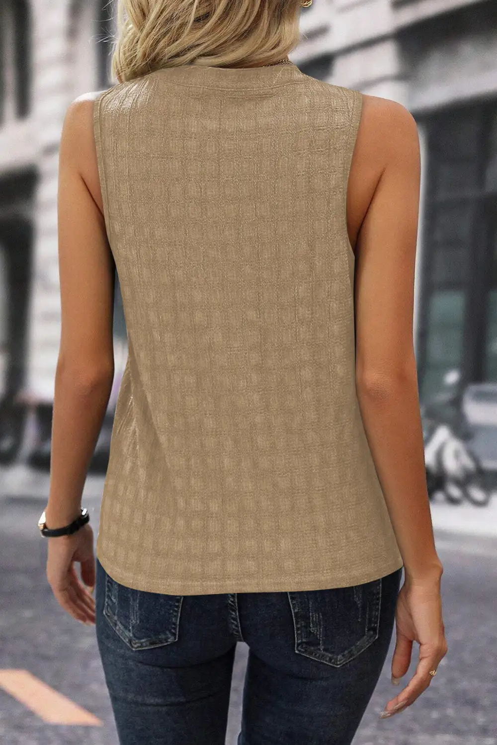 Lattice Textured Split Neck Tank Top