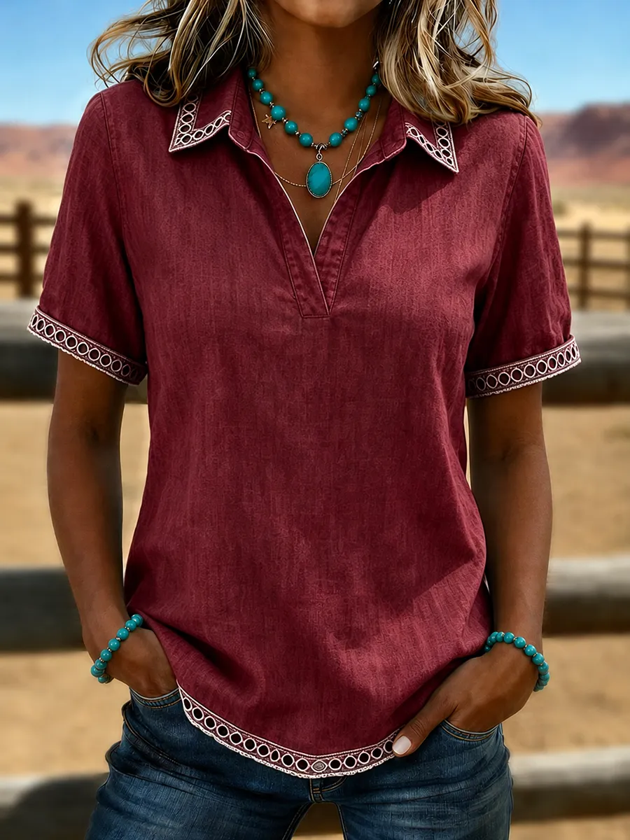 Western Turquoise Lace Trim V-Neck Short Sleeve Blouse