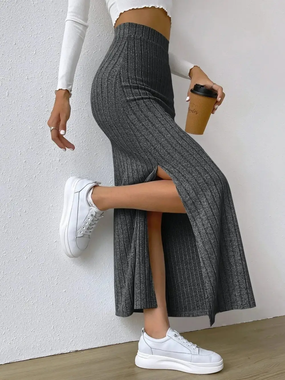 High Waist Ribbed Knit Skirt