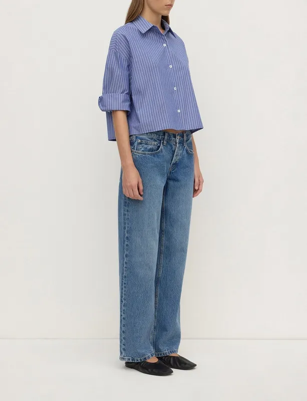 Blue & White Striped Cropped Cotton Shirt