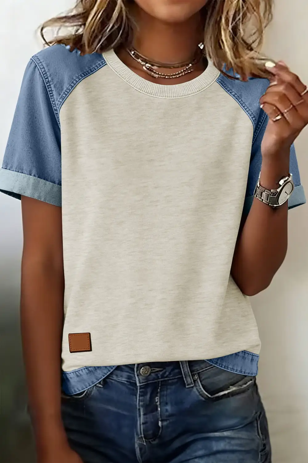Denim Contrast Blocked Patchwork Round Neck Tee