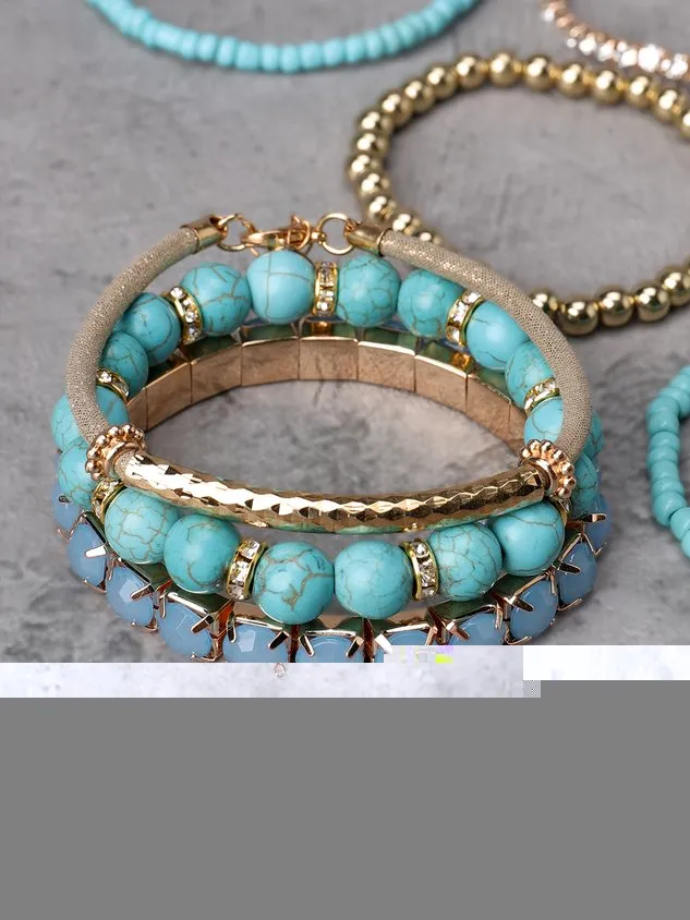 Ethnic Turquoise Crystal Beaded Layered Bracelet Boho Jewelry