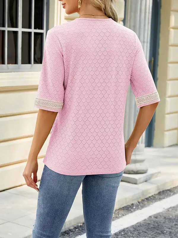 Relaxed Short Sleeve Contrast Cutout Panel Detail V-Neck T-Shirt