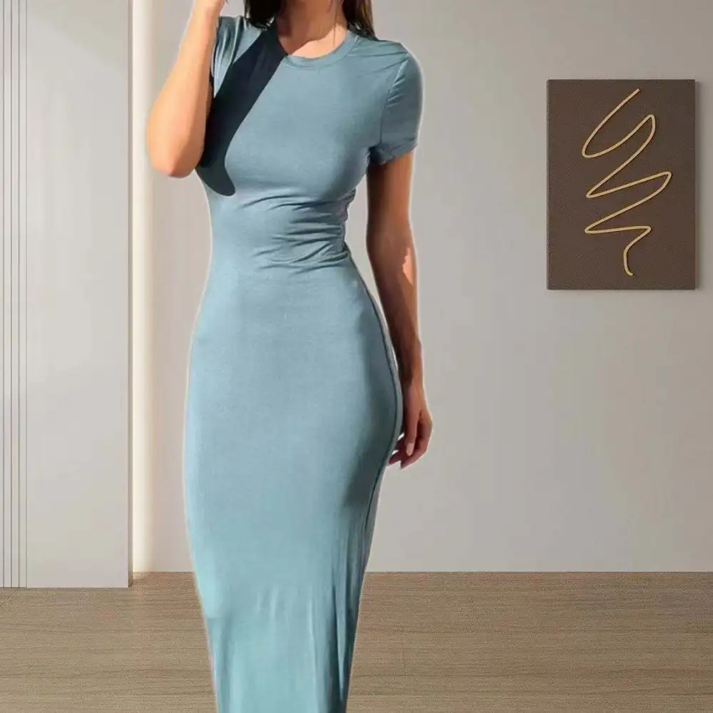 Solid Color Fitted Short Sleeve Women's Casual Dress
