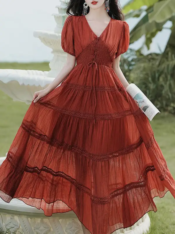 Pleated Puff V Neck Maxi Dress