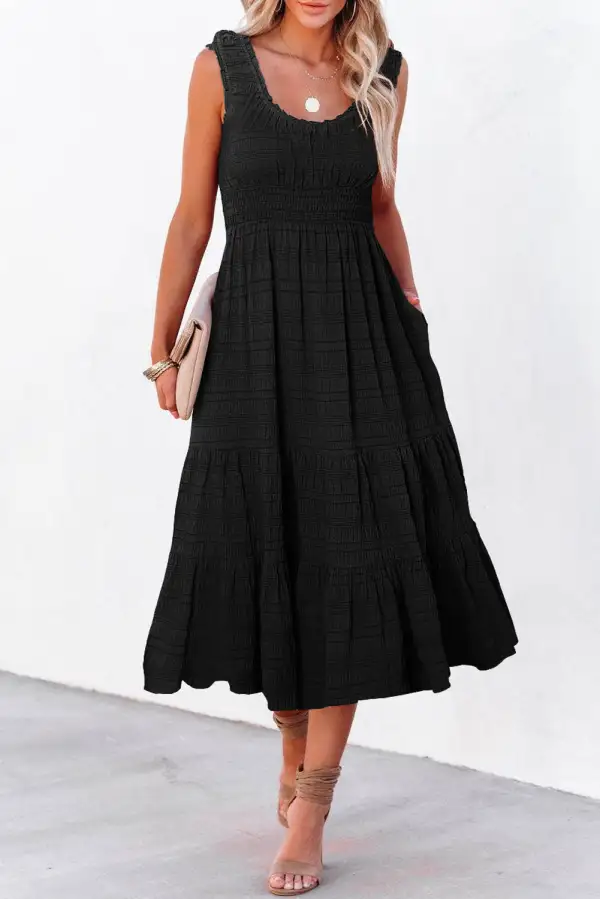 Sleeveless Square Neck Shirred Pleated Midi Dress