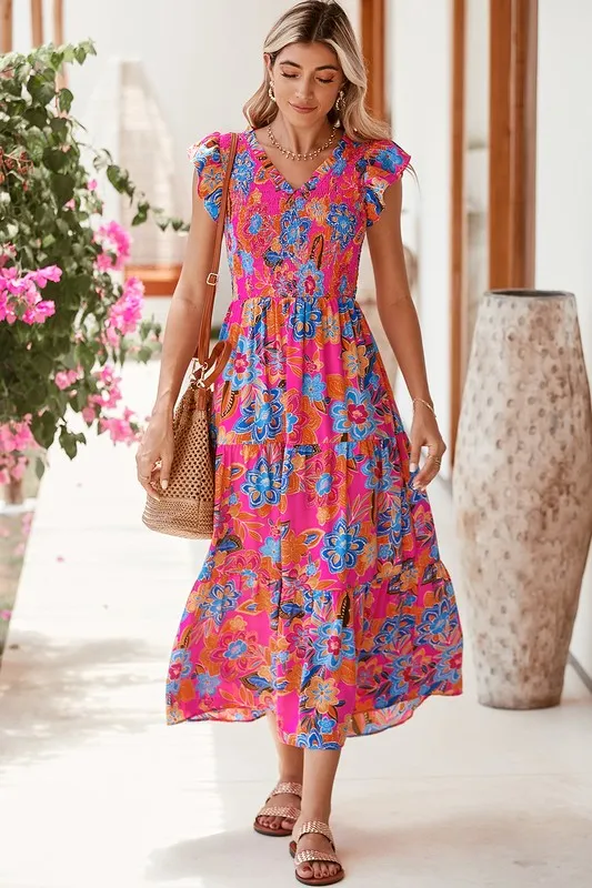 Boho Floral V Neck Ruffle Tiered Long Dress