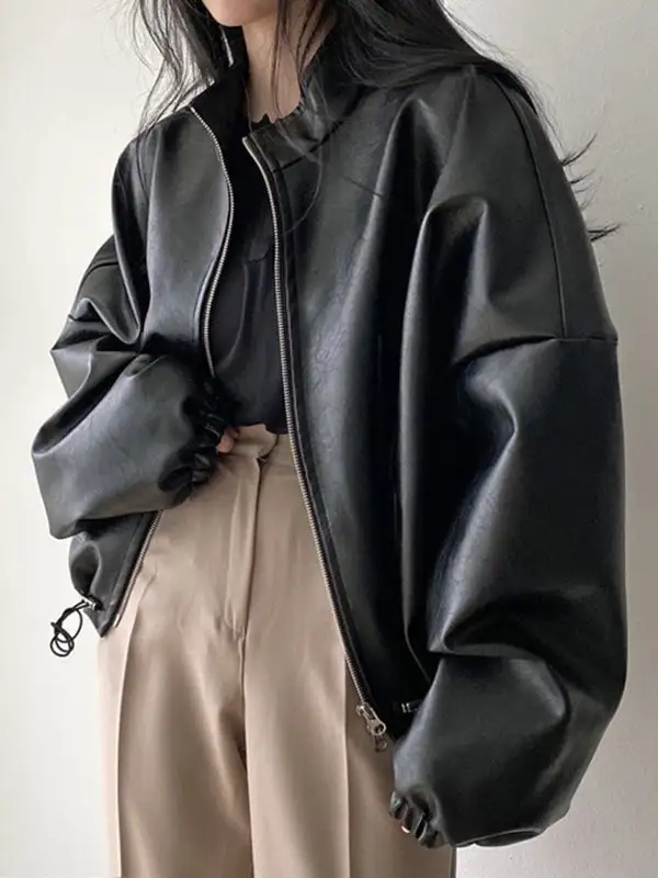 Faux Leather Zip Front Jacket Classic
