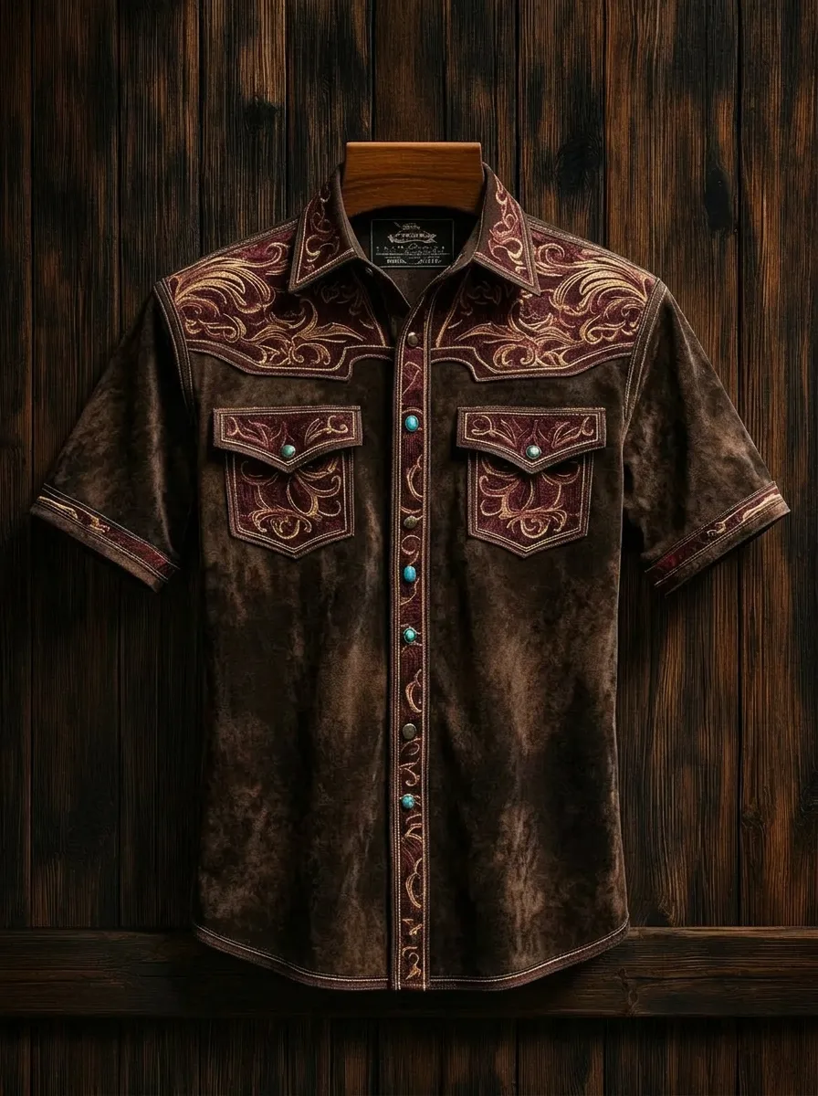 Men's Western Cowboy Floral Embroidery Printed Shirt-2
