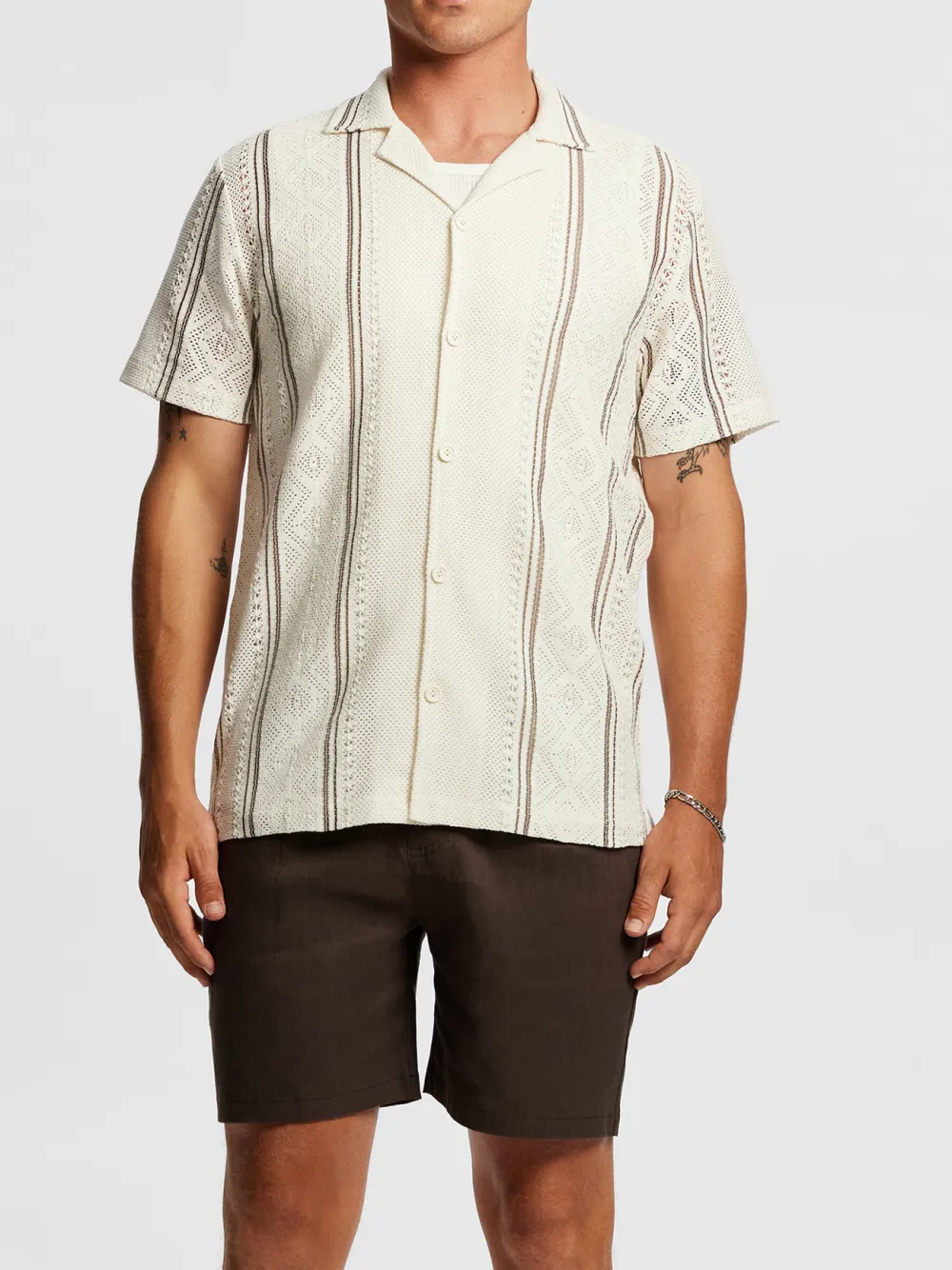 Natural Crochet Detail Short Sleeve Shirt