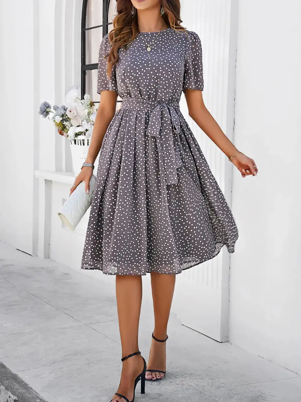 Printed Round Neck Short Sleeve Casual Dress