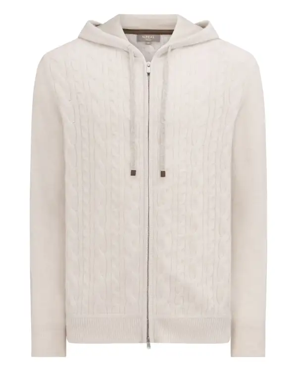 Men's Fulham Cable Zip Cashmere Hoodie Frost White