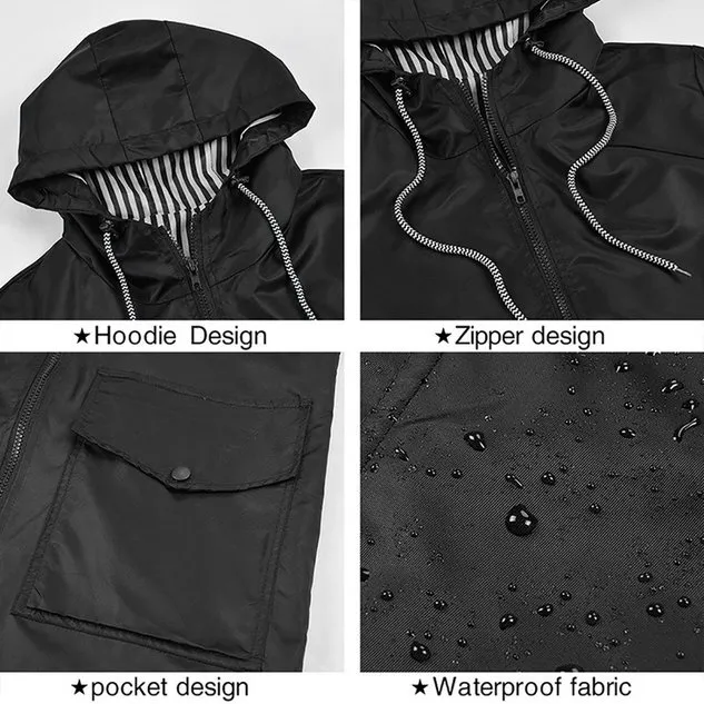 Plain Waterproof Windproof Long Sleeve Casual Hoodie Trench Coat