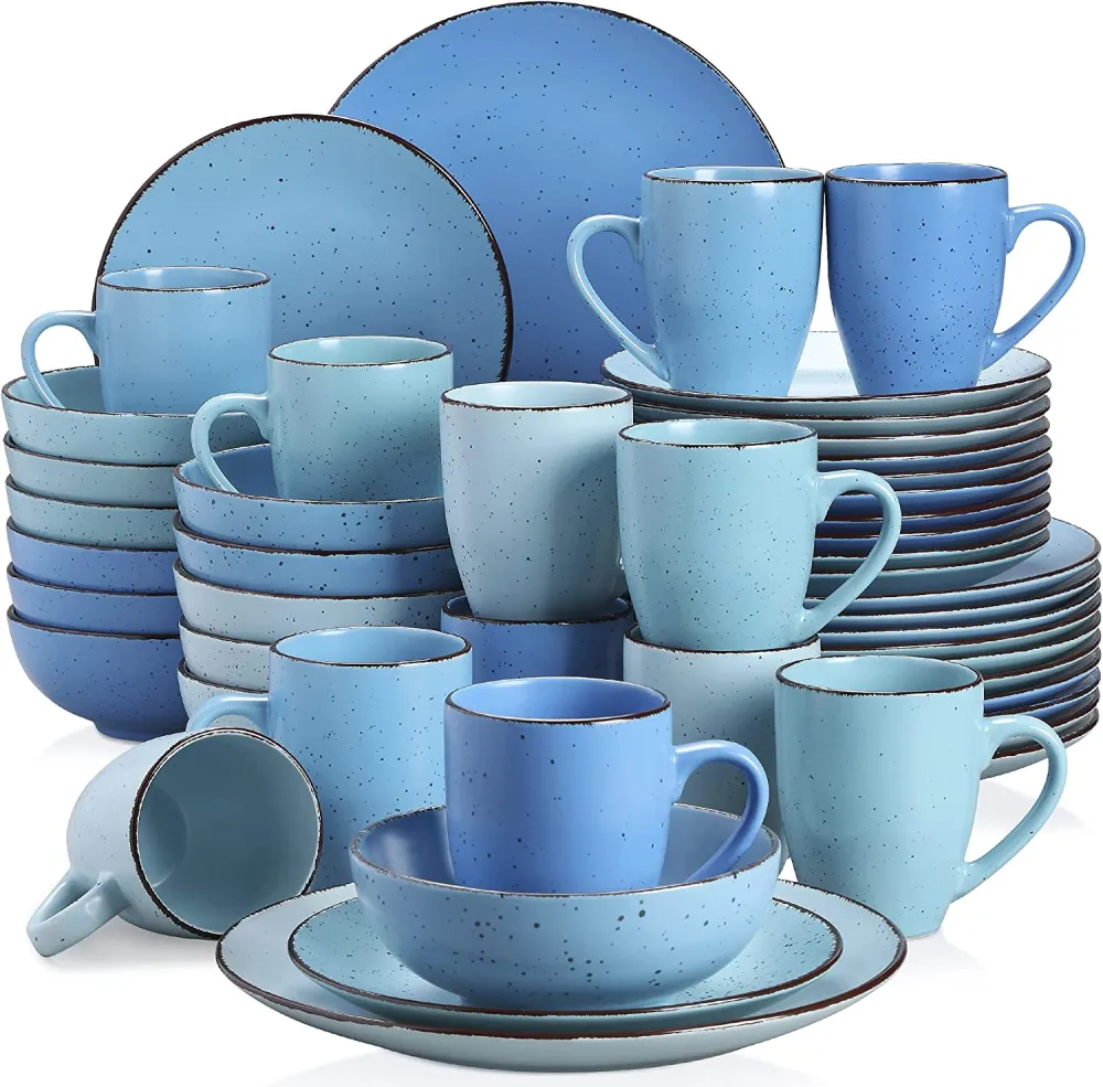 vancasso Navia Ceramic Dinnerware Set, 48 pieces Set of 12 Stoneware Spray Spot Patterned Service Dish with Dinner Plates, Salad Plates, Bowls, Mugs - Grey