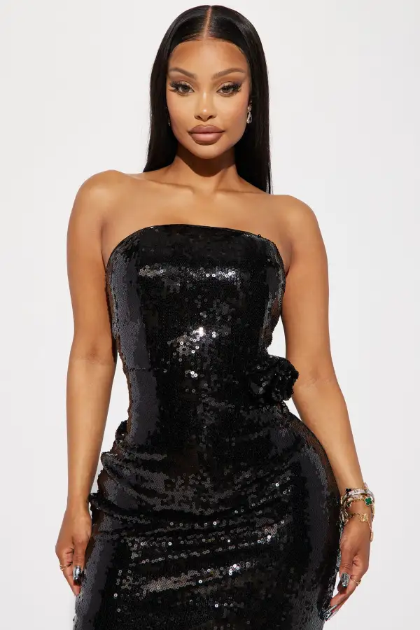 Rosette Sequin Midi Dress - Black