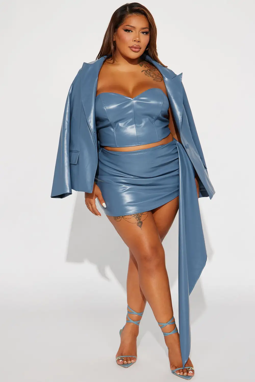 Paris 3 Piece Faux Leather Skirt Set - Slate Blue