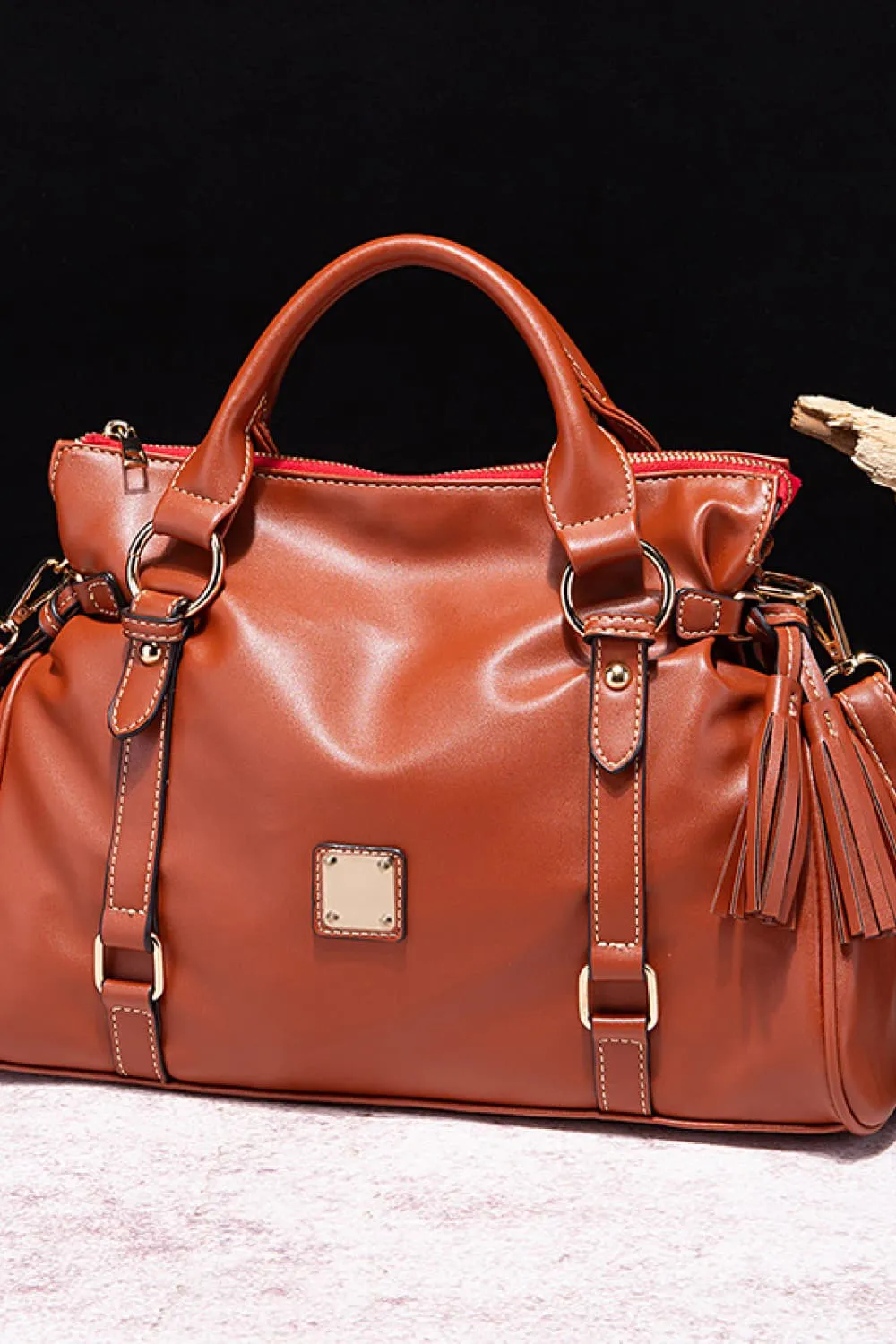 Tassel Accent Faux Leather Handbag