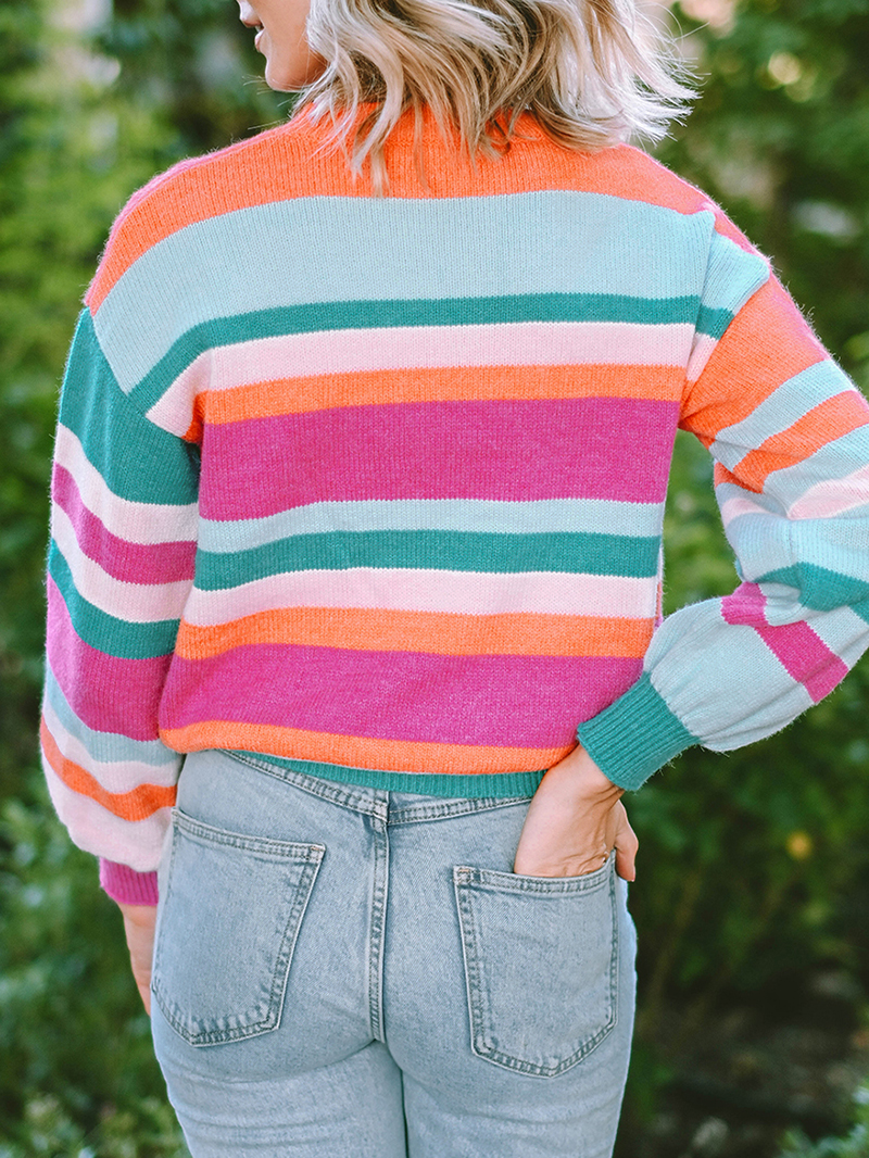 Multicolor Striped Knit Drop Shoulder Puff Sleeve Sweater