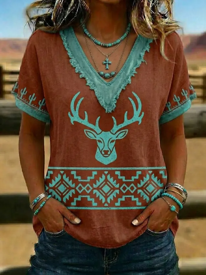 Women'S Retro Floral Print V-Neck T-Shirt