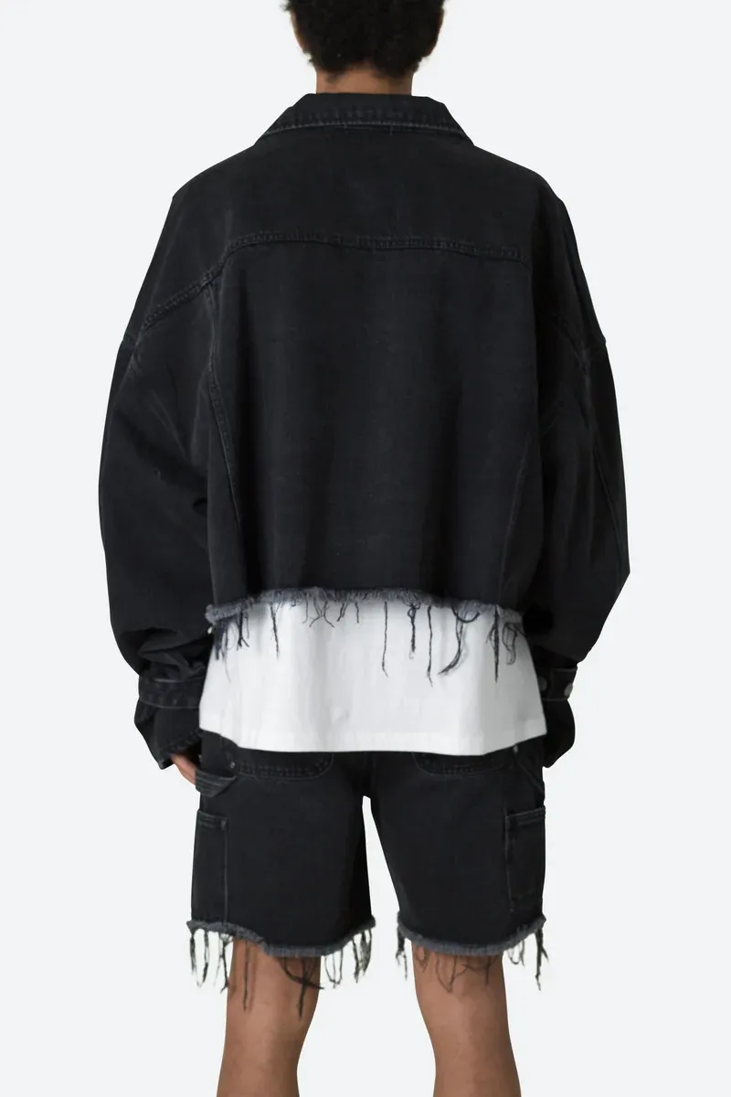 BLACK CROP STYLE DISTRESSED DENIM JACKET