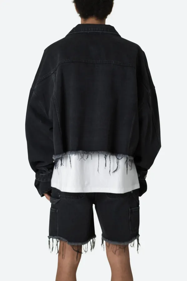 BLACK CROP STYLE DISTRESSED DENIM JACKET