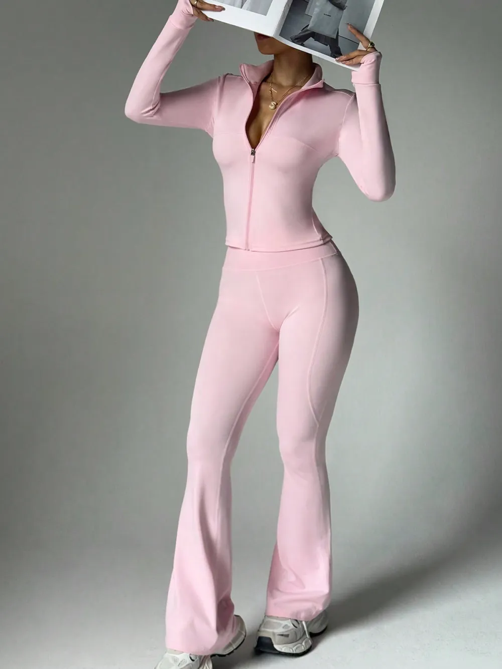 Women's Nude Yoga Set — Zip-Up Long Sleeve Jacket, High-Waist Flared Pants, Solid Backless Top, Soft-Touch Athletic Activewear