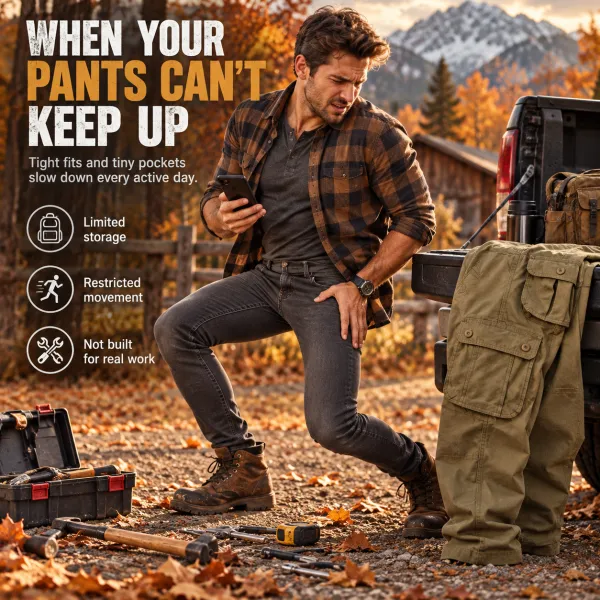 Men’s Cargo Pants - Khaki, Dark Gray & Black, Casual Basic, Mid Waist, Plain, Polyester, Multi-Pocket, Loose Fit, Durable, Long Pants for Daily Outings