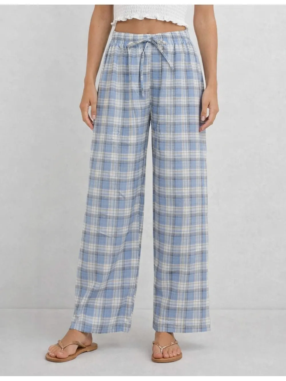 Checked Elastic Waist Drawstring Wide Leg Pants