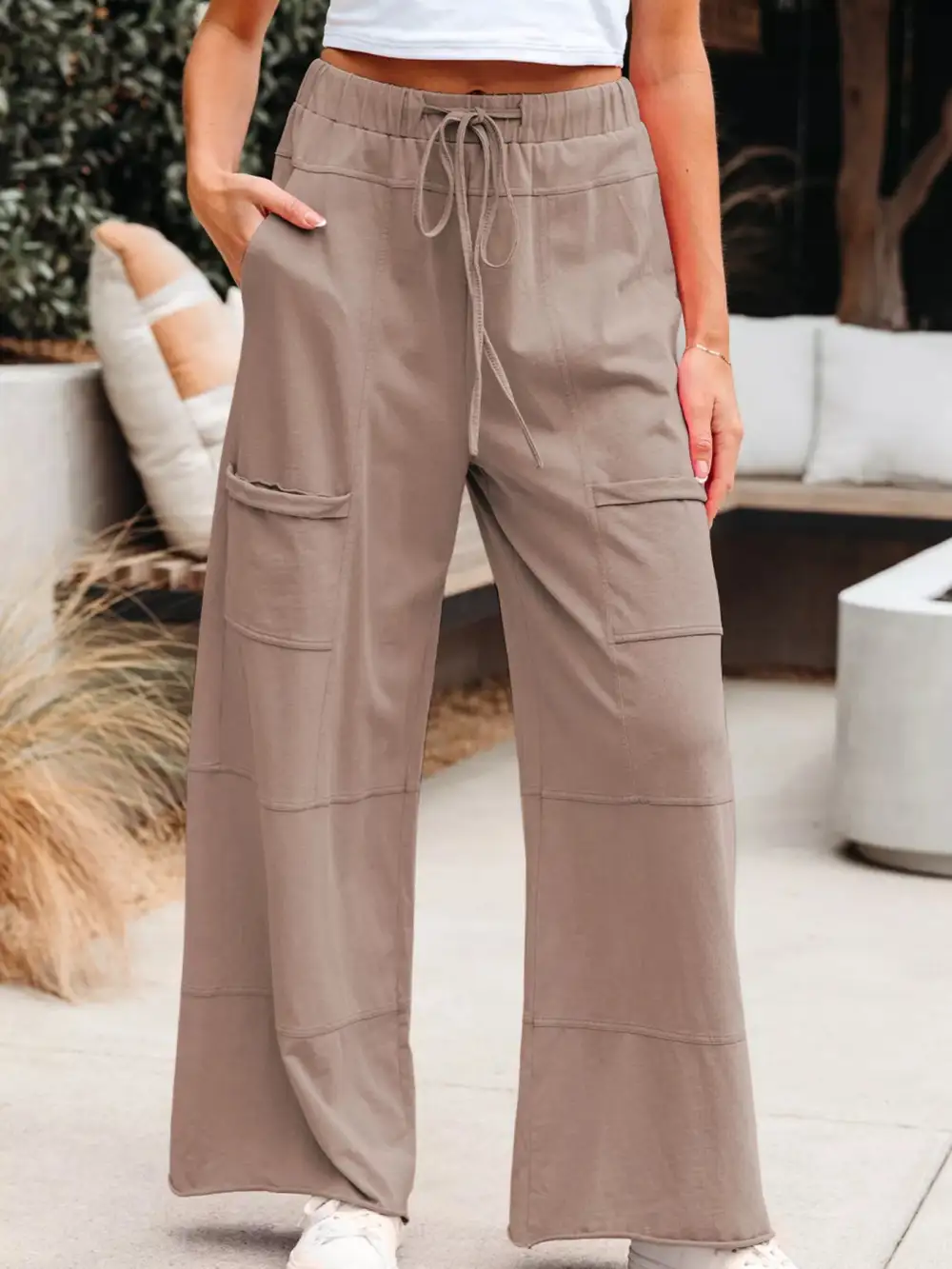 Mineral Wash Exposed Seam Drawstring Elastic Waistband Wide Leg Cargo Pants