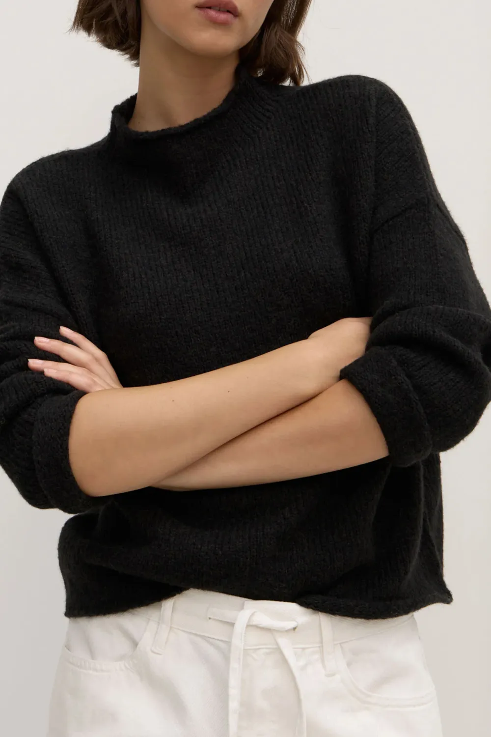 Loose Knit Sweater With Shoulder Drop And Stand Up Collar