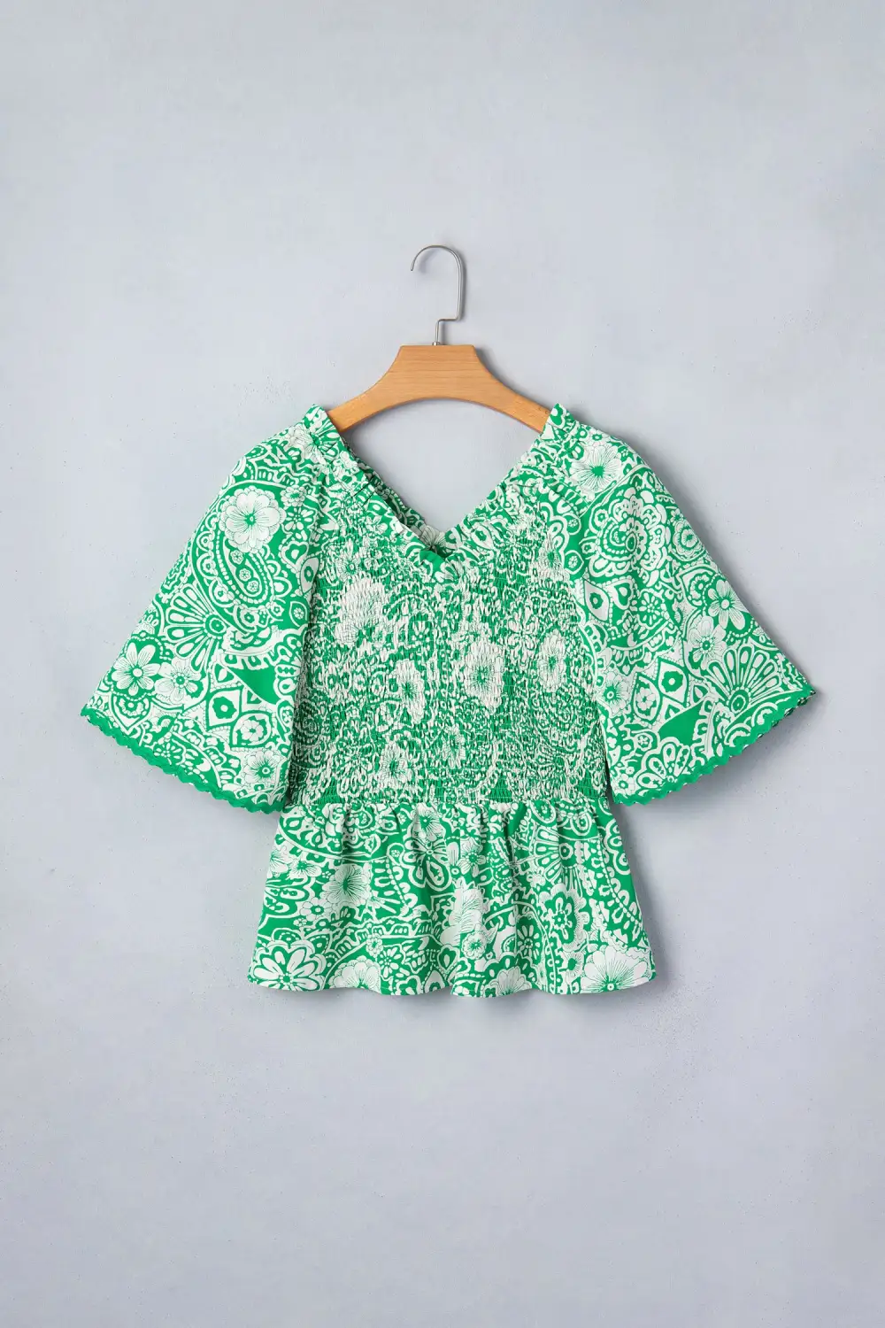 Green Flirty Floral Smocked V Neck Blouse