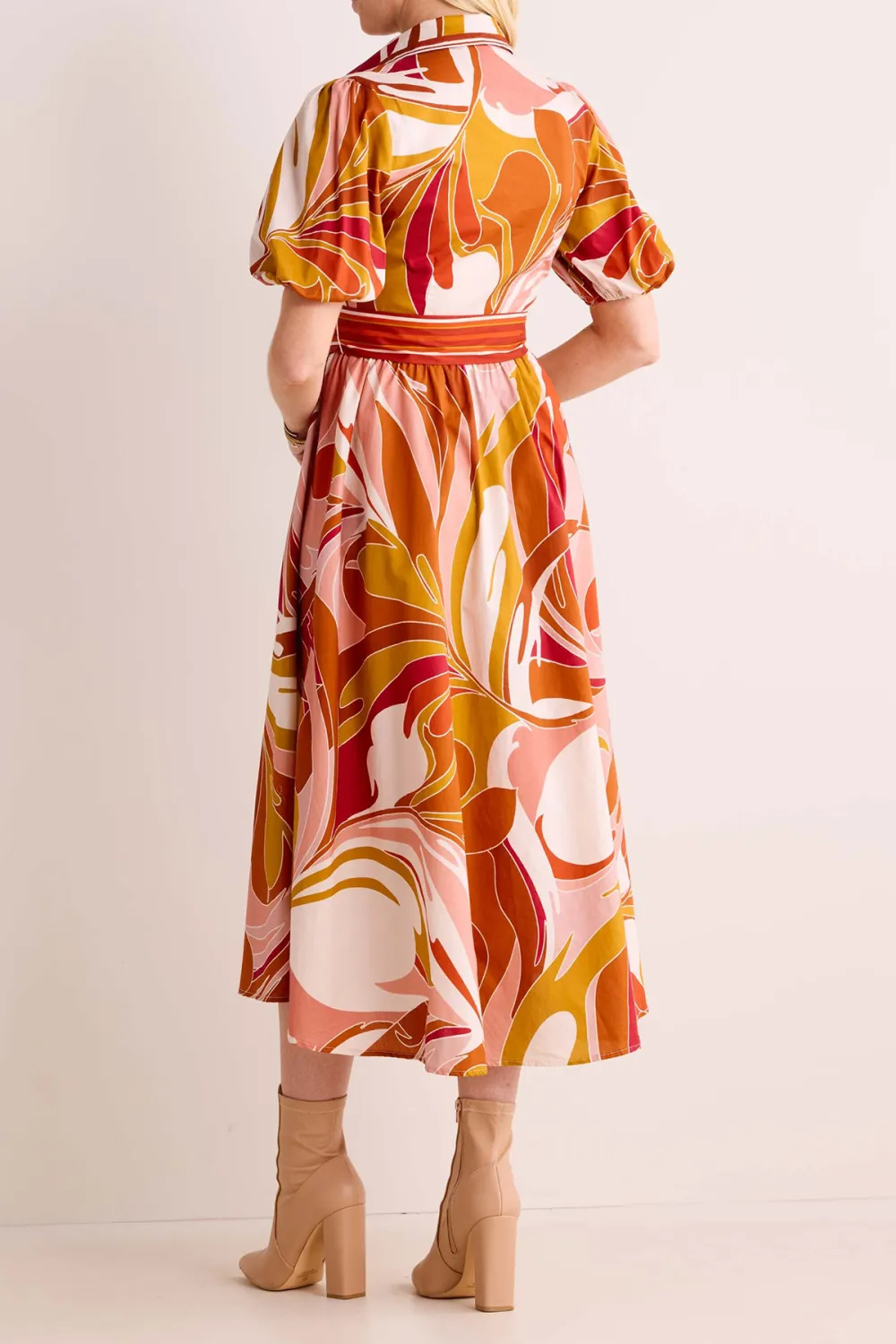 Orange Abstract Print Tie-Waist Midi Dress