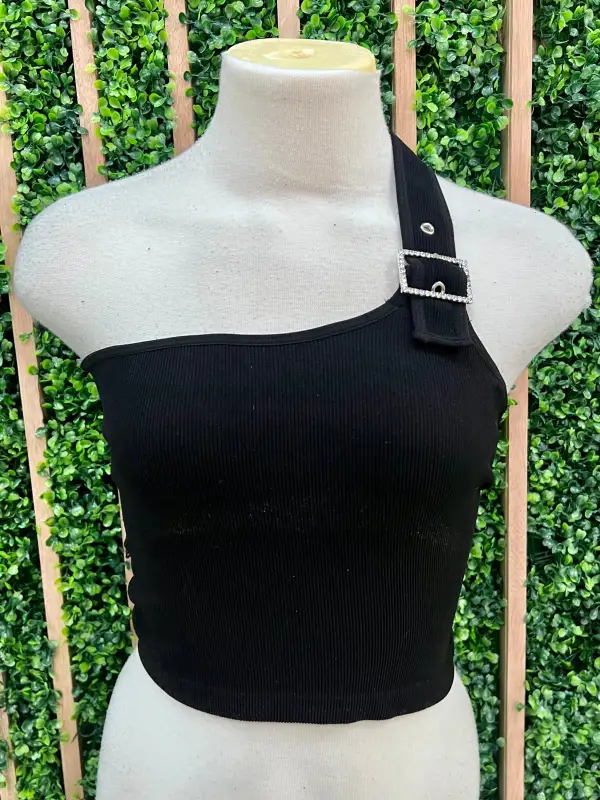 Rhinestone Buckle Asymmetric Shoulder Top