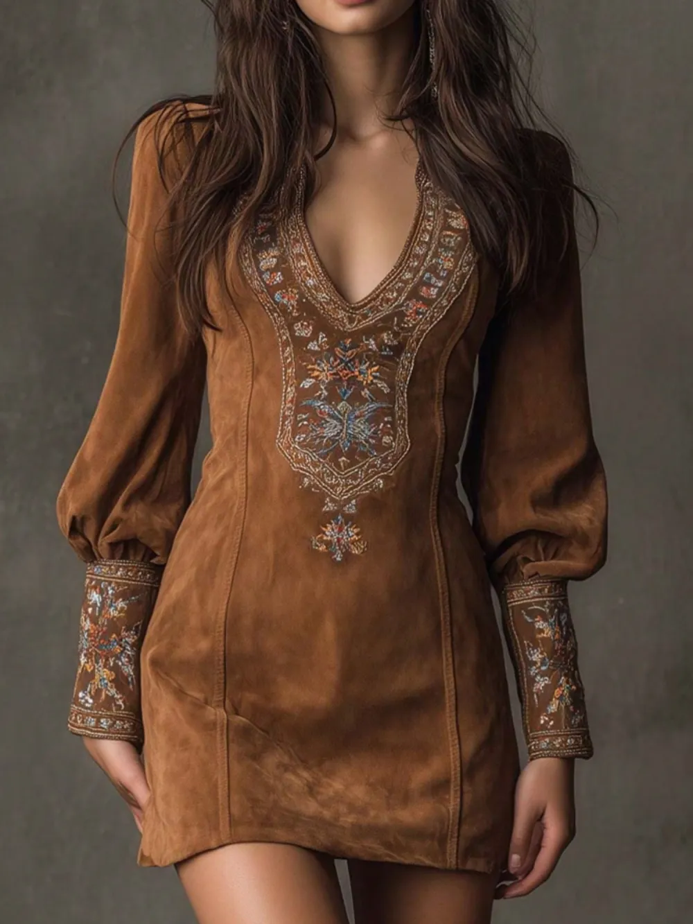 Women's Western Style Deep V-Neck Long Sleeved Suede Fluffy Sleeve Mini Dress