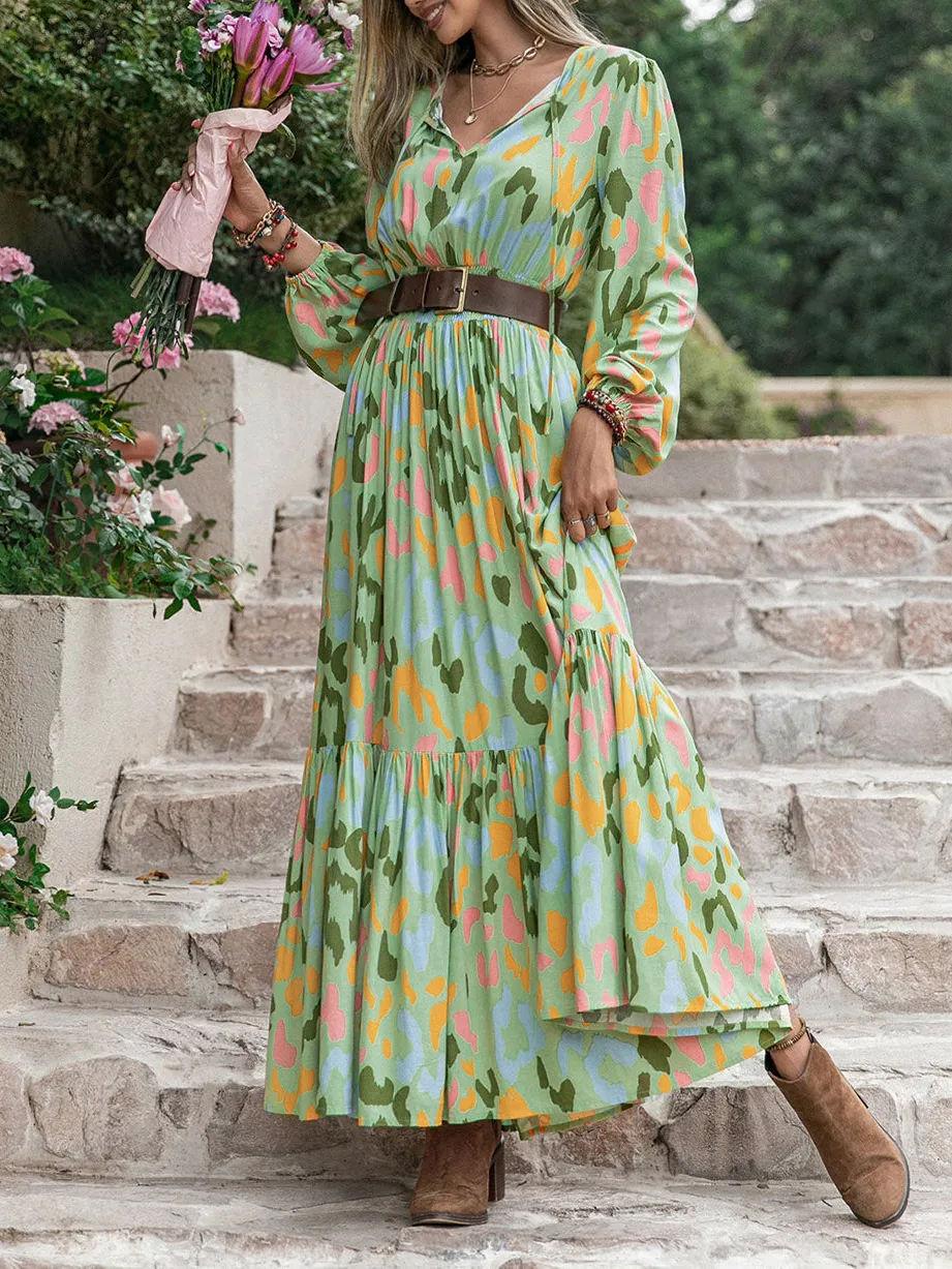 Printed Tie Neck Long Sleeve Maxi Dress