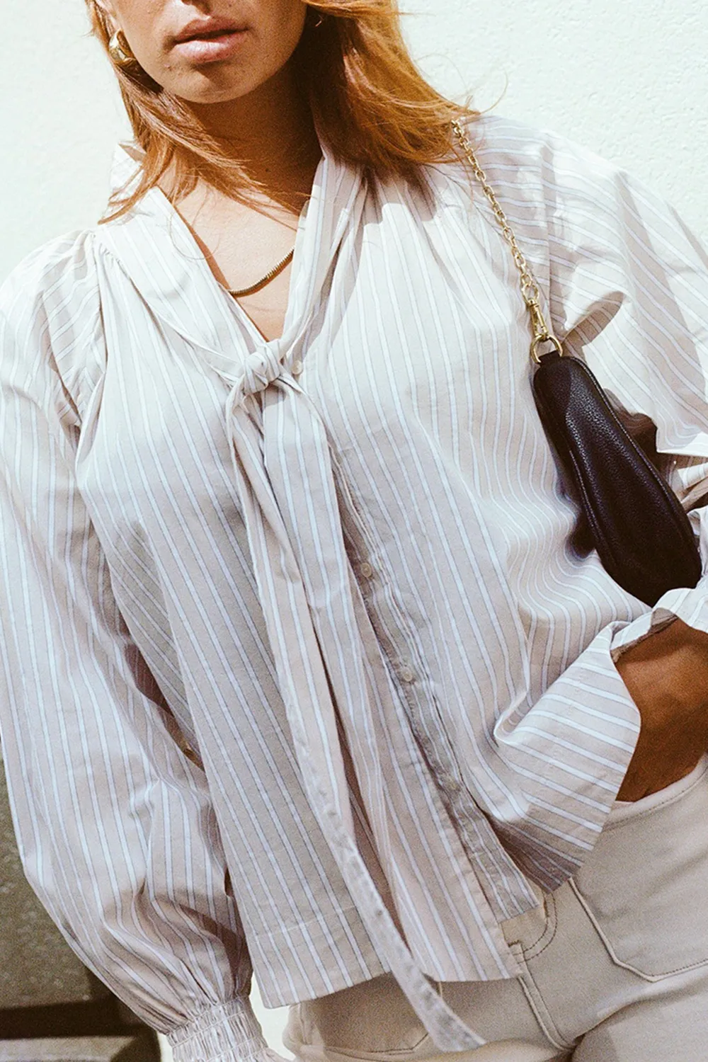 Beige Stripe Tie - Front Long - Sleeve