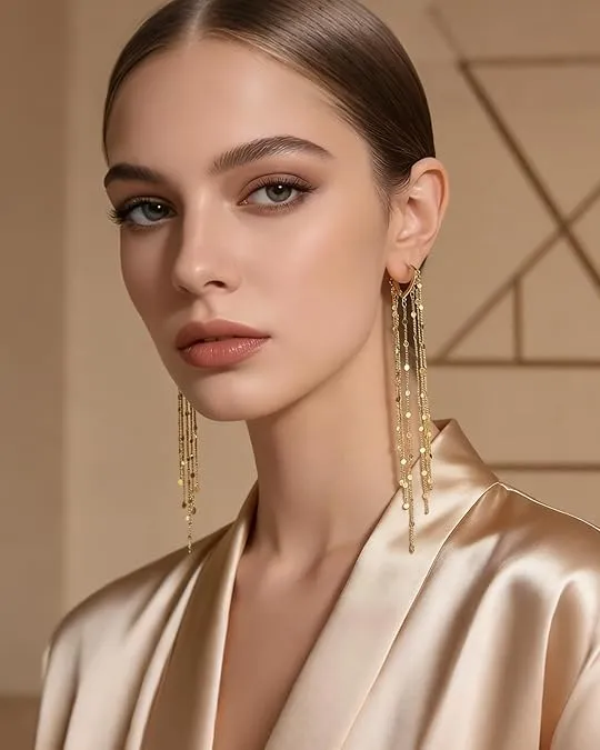 Gold Plated Long Tassel Earrings for Women