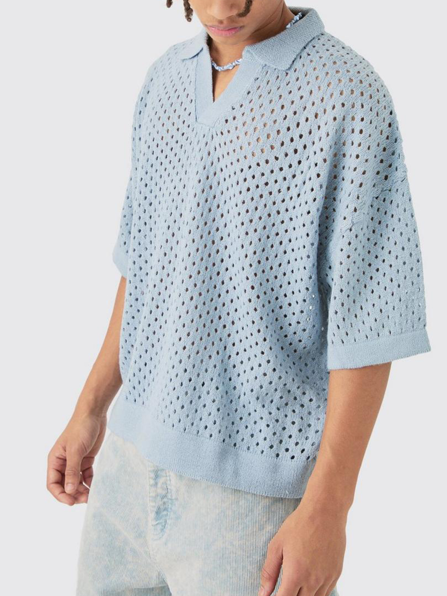 SHORT SLEEVE BOXY FIT OPEN KNIT POLO IN BLUE