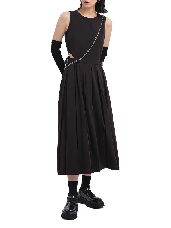 Black Pleated Cut - out Midi Dress