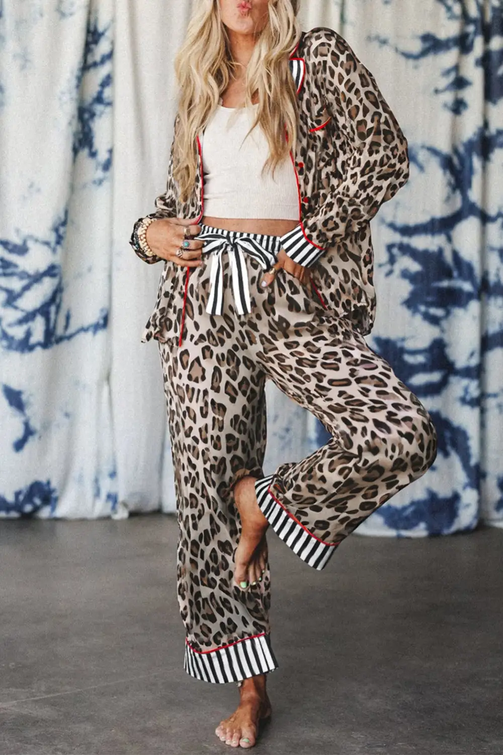 Leopard Print Striped Trim Long Pajama Set