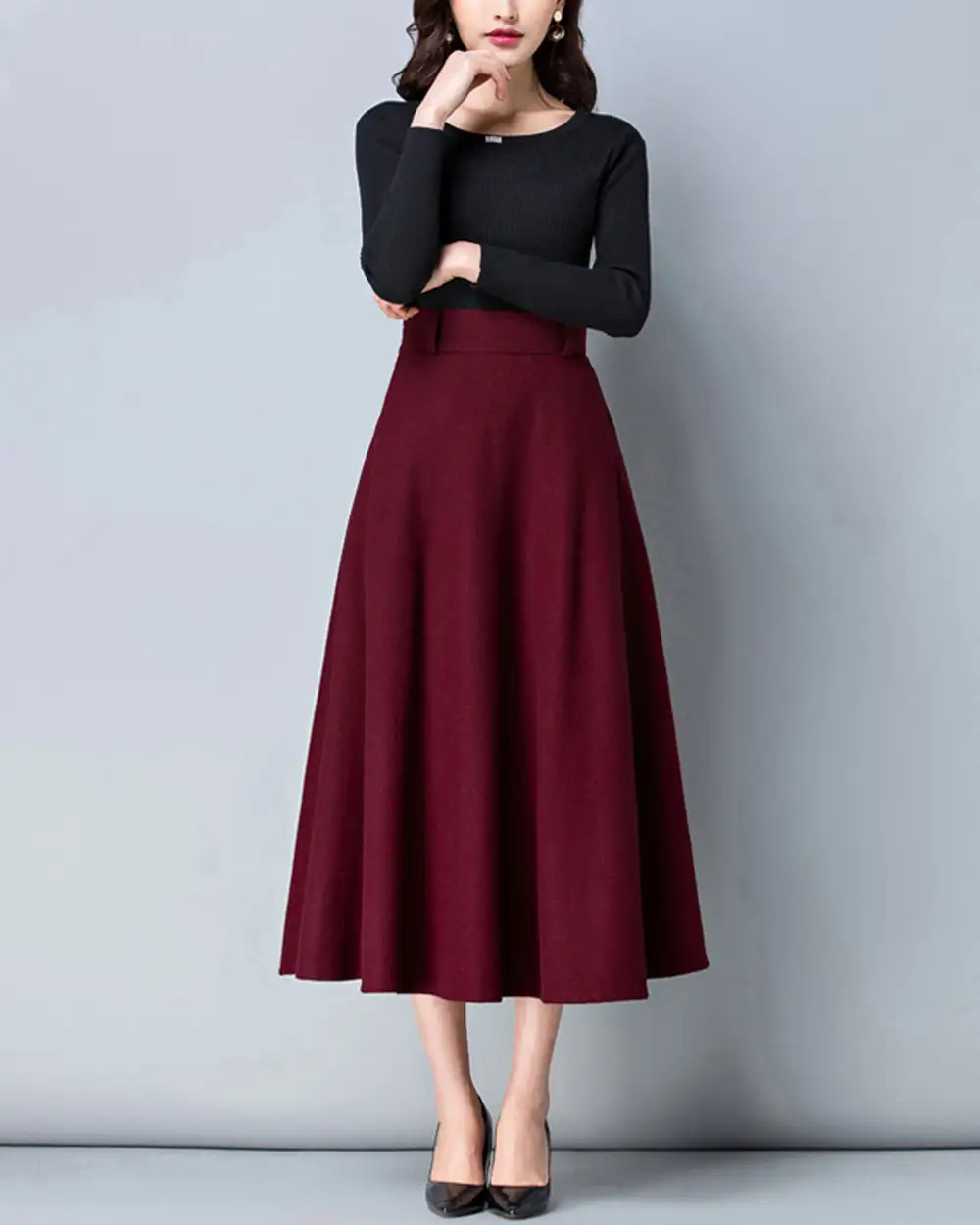 Relaxed Belted Wool Flared Maxi Skirt