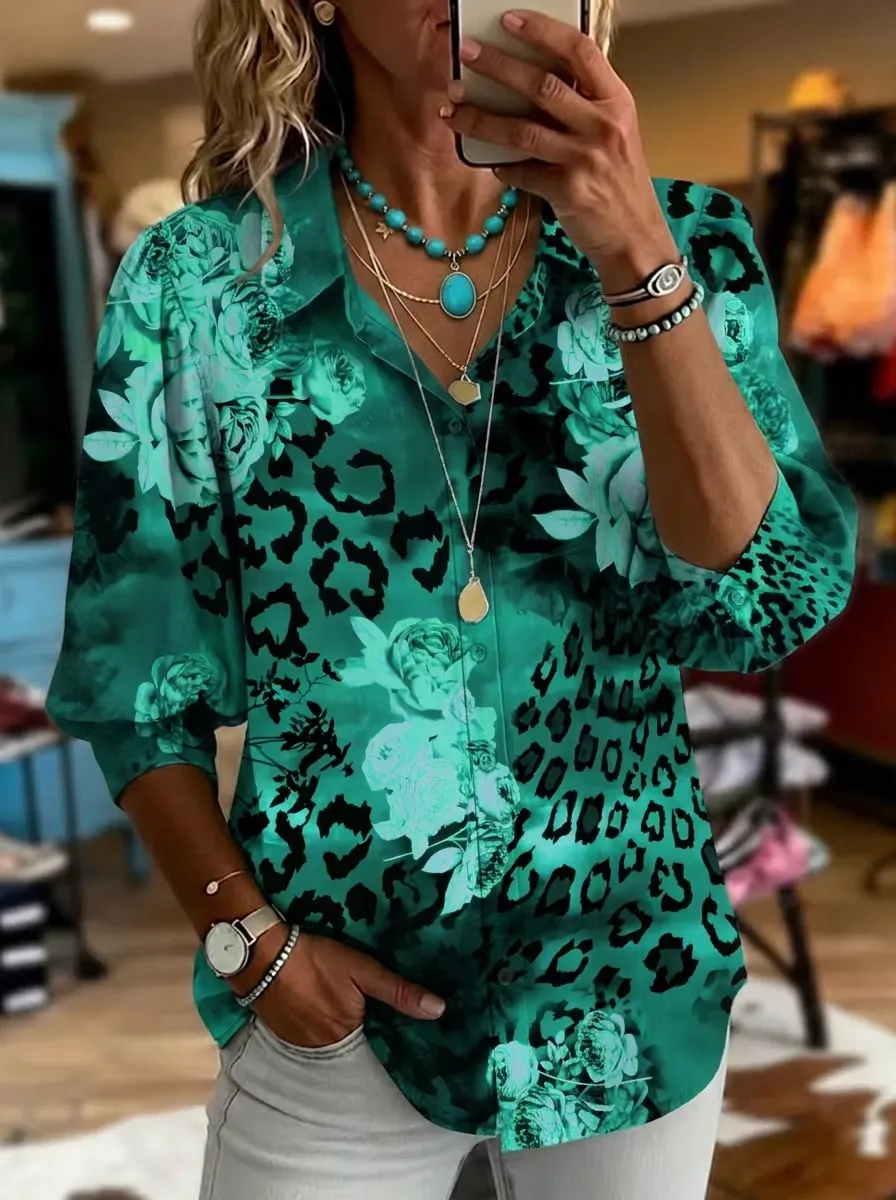 Women's Retro Floral Casual Puff Sleeve Denim Shirt