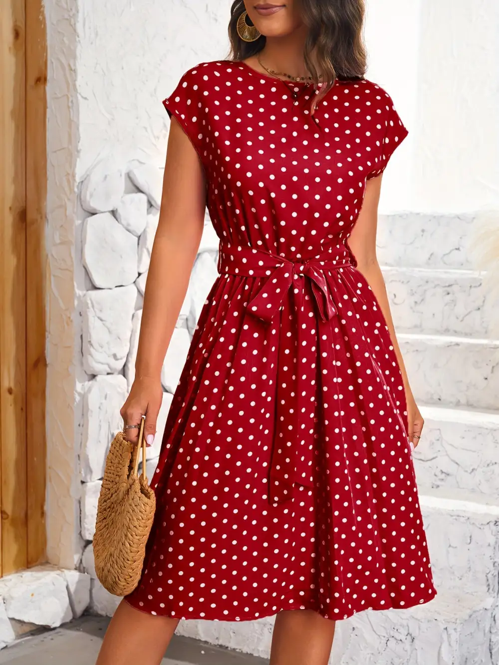 Polka Dot Pleated Dress: Spring Style (Casual, Short Sleeves)