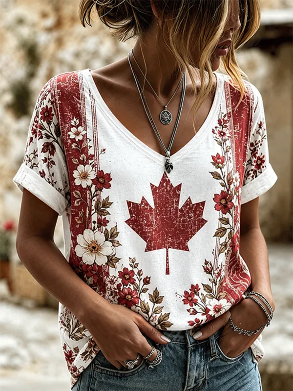 Women's Canada Flag Maple Leaf Printed V-Neck Short Sleeve Top