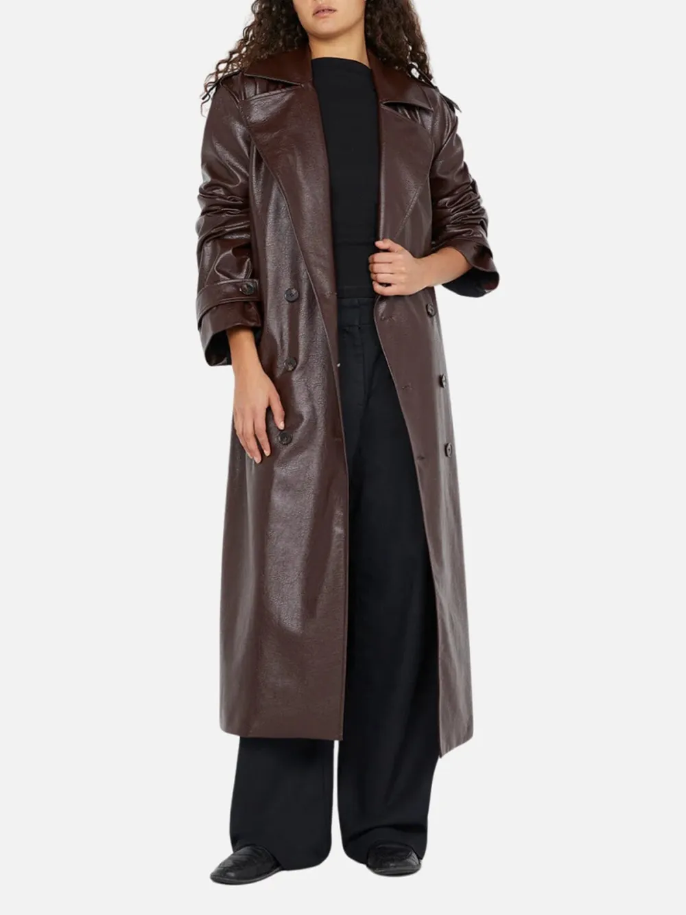 PU Tied Long Coat with Pockets