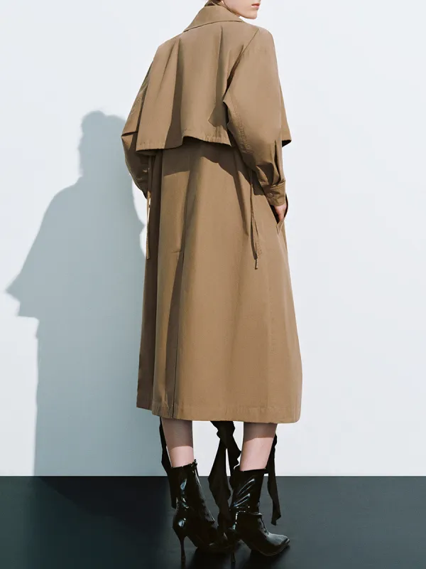Ladies' Khaki Long Casual Style Large Lapel Trench Coat